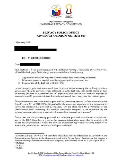 idtomis announcement|PRIVACY POLICY OFFICE ADVISORY OPINION NO. 2018.